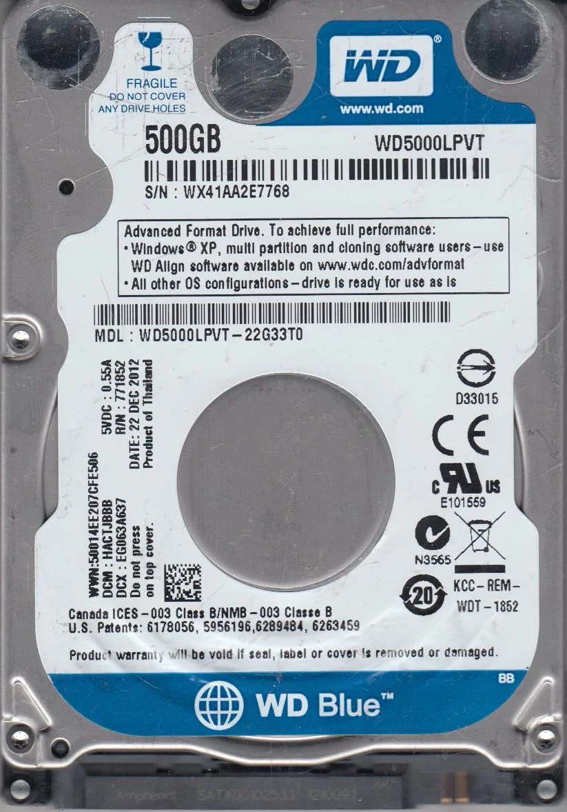 WD5000LPVT-22G33T0, DCM HACTJBBB, Western Digital 500GB SATA 2.5 Hard Drive