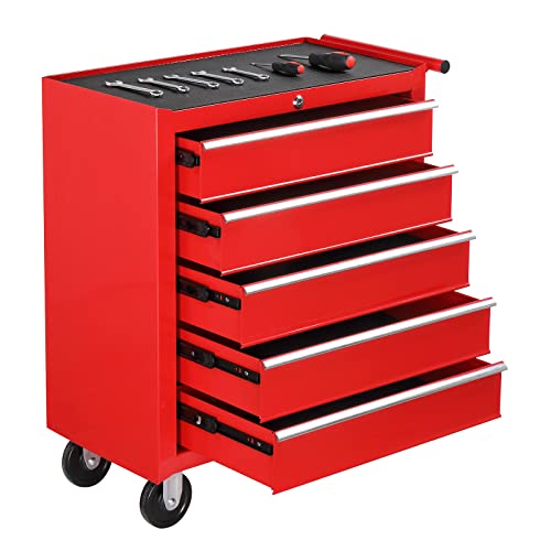 TUFFIOM 5-Drawer Rolling Tool Chest w/Drawers & Lock, Tool Storage Cabinet with Lockable Wheels, Top Cushion & Drawer Liners, Tool Organizer Box for Garage, Warehouse & Repair Sho