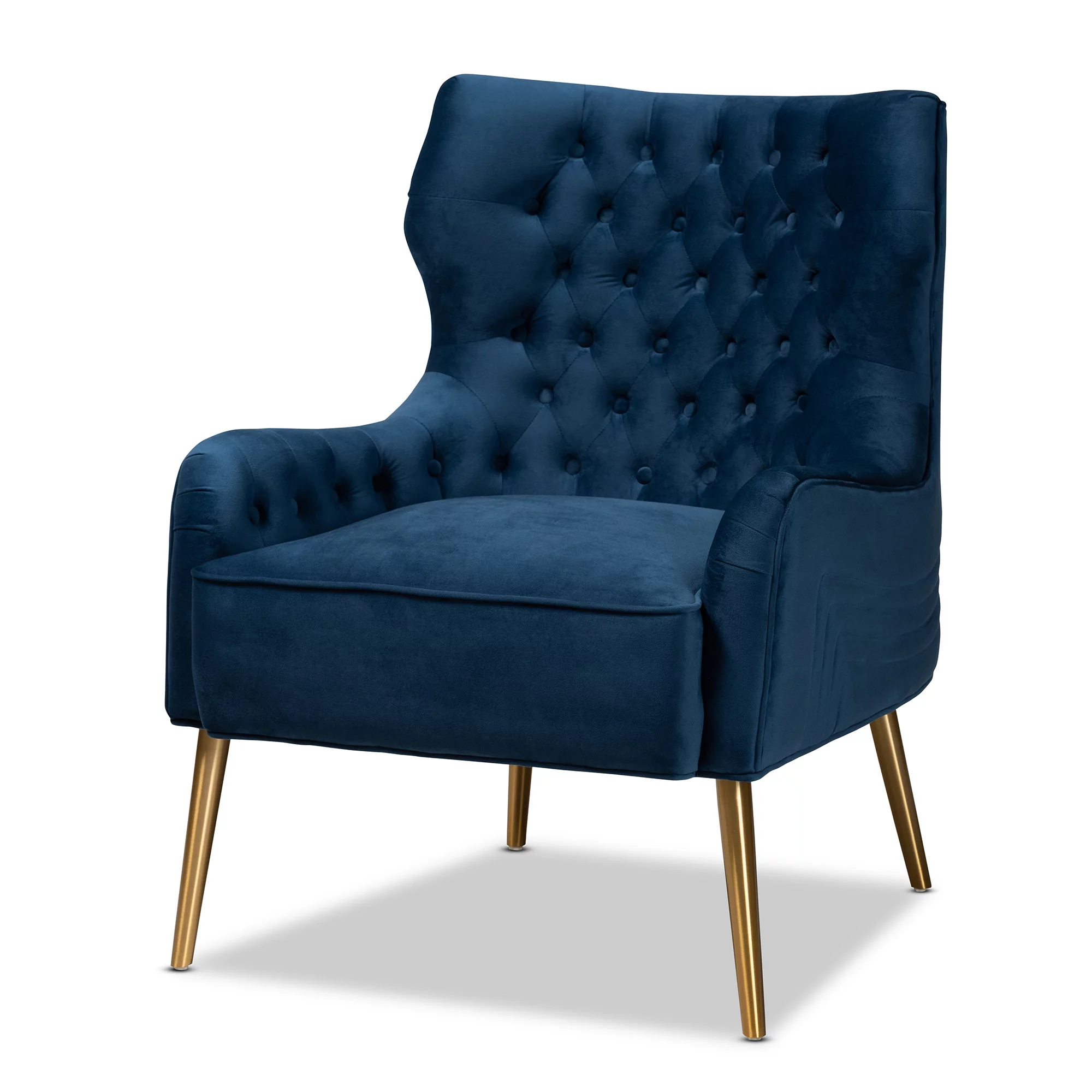 Baxton Studio Nelson Wingback Chair, Navy Blue and Gold