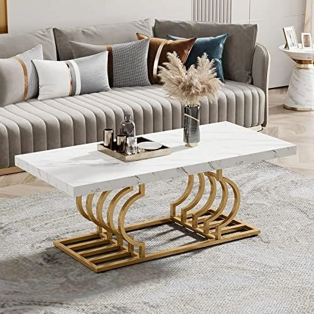 HJZBNONE Modern Coffee Table  47 Inch Faux Marble Cocktail Table with Geometric Frame  Rectangular Center Table Tea Table Accent  for Living Room  Simple Assembly (White/Gold)