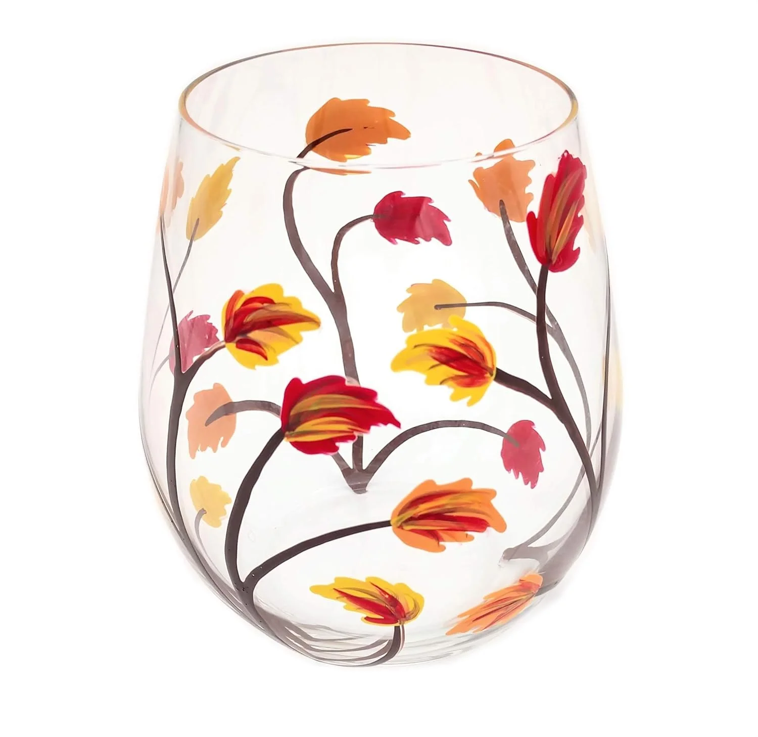 Fall Leaf Stemless Hand Painted Wine Glass - 18 Ounce - Fall Leaves, Orange, Red, Yellow