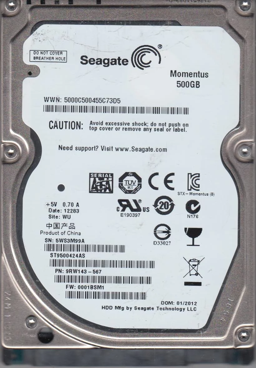 ST9500424AS, 5WS, WU, PN 9RW143-567, FW 0001BSM1, Seagate 500GB SATA 2.5 Hard Drive
