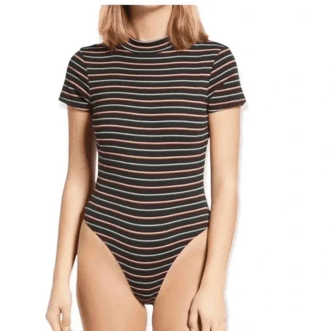 BP Nordstrom Dani Black Multi Stripe Mock Neck Knit Bodysuit Sz XL