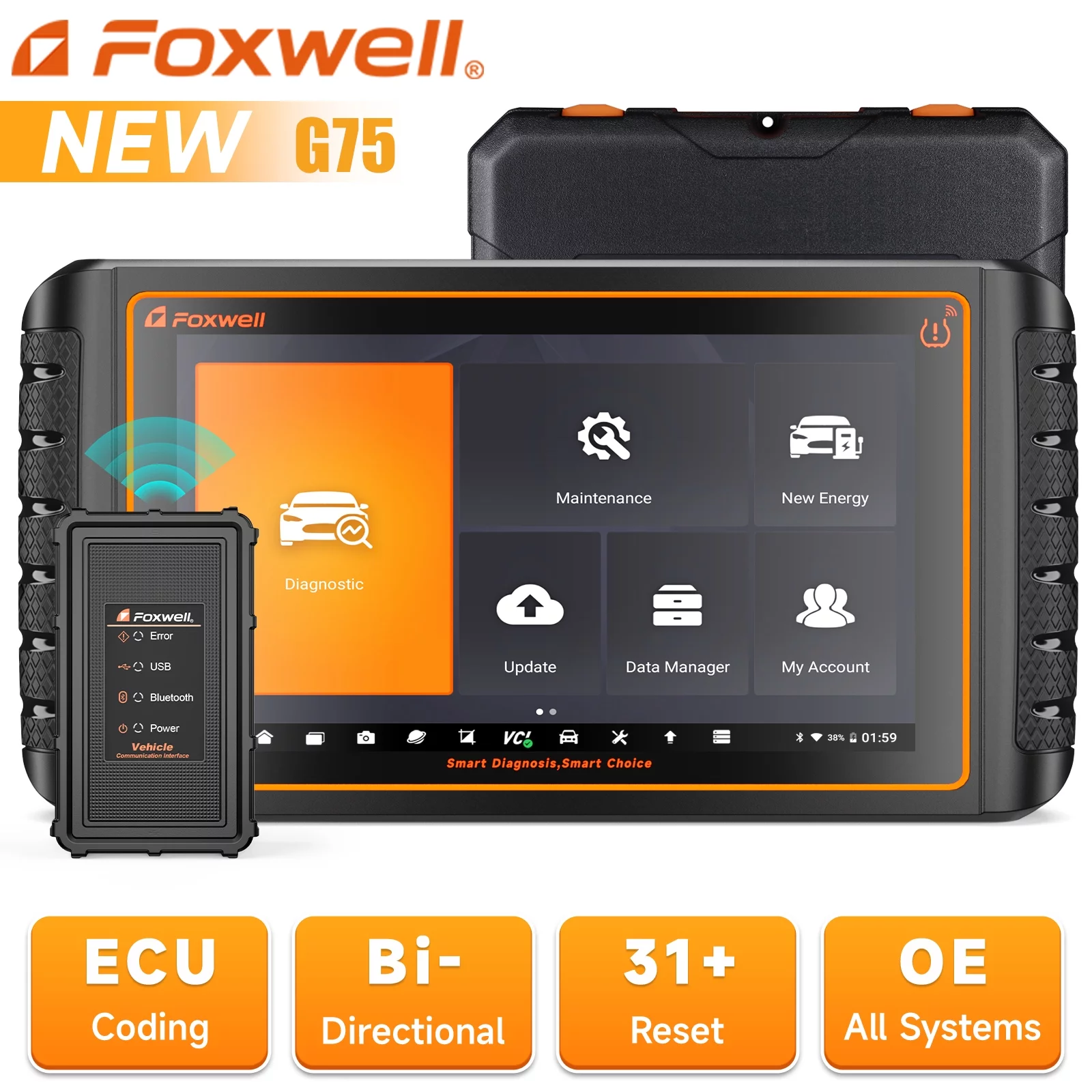 Foxwell GT75 Advanced Automotive Bi-directional Diagnostic Scan Tool OBD2 Scanner All System Car Scanner 33+ Maintenance Reset Services ECU Coding Active Test Bluetooth OBDII EOBD Code Reader Tablet