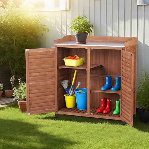 Outdoor Potting Bench with Metal Work Top - Waterproof Garden Storage Cabinet, Wooden Tool Station Shed for Backyard, Patio, Lawn Gardening (Coffee, 18
