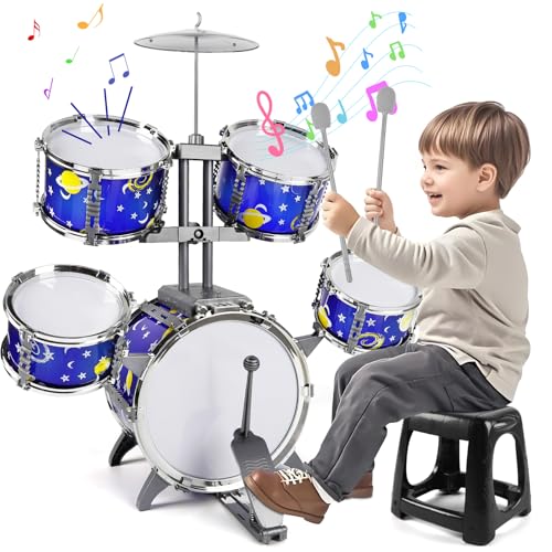 M SANMERSEN Upgraded Kids Jazz Drum Set Toddler Toy Drum Set with Stool, Plastic Rock Jazz Drum Kit Musical Toys Gift for Boys Girls 1-3 3-5