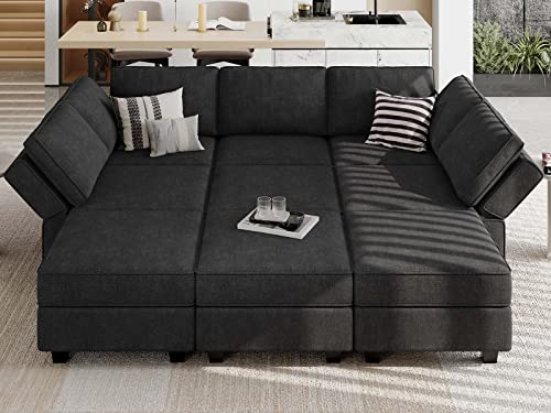 Belffin Terry Fabric Modular Sectional Sleeper Sofa Bed with Storage Convertible Sectional Couches for Living Room 6 Seaters Light Grey Modular Sofa