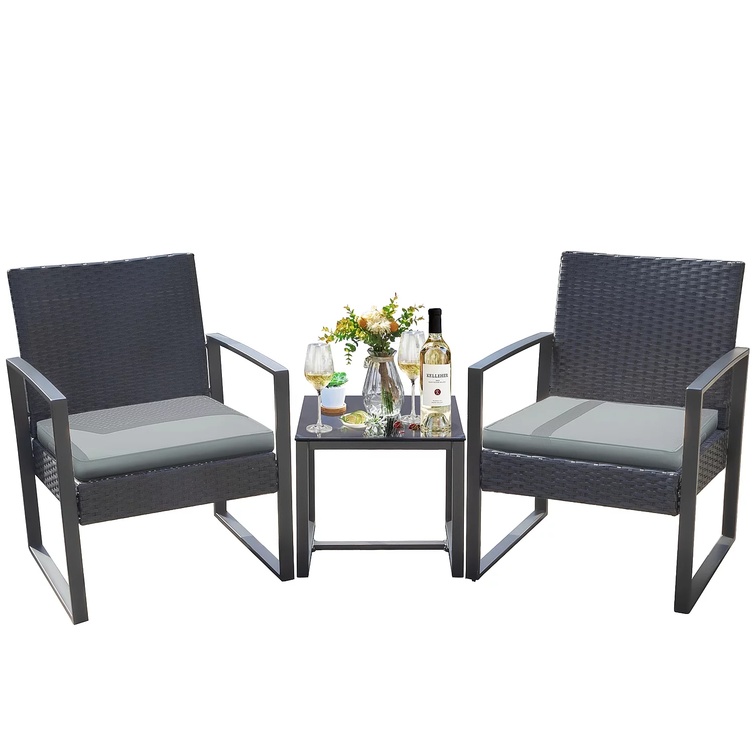 Lacoo 3 Pieces Patio Indoor Conversation Set Cushioned PE Rattan Bistro Chairs Set of 2 with Coffee Table, Black/Grey