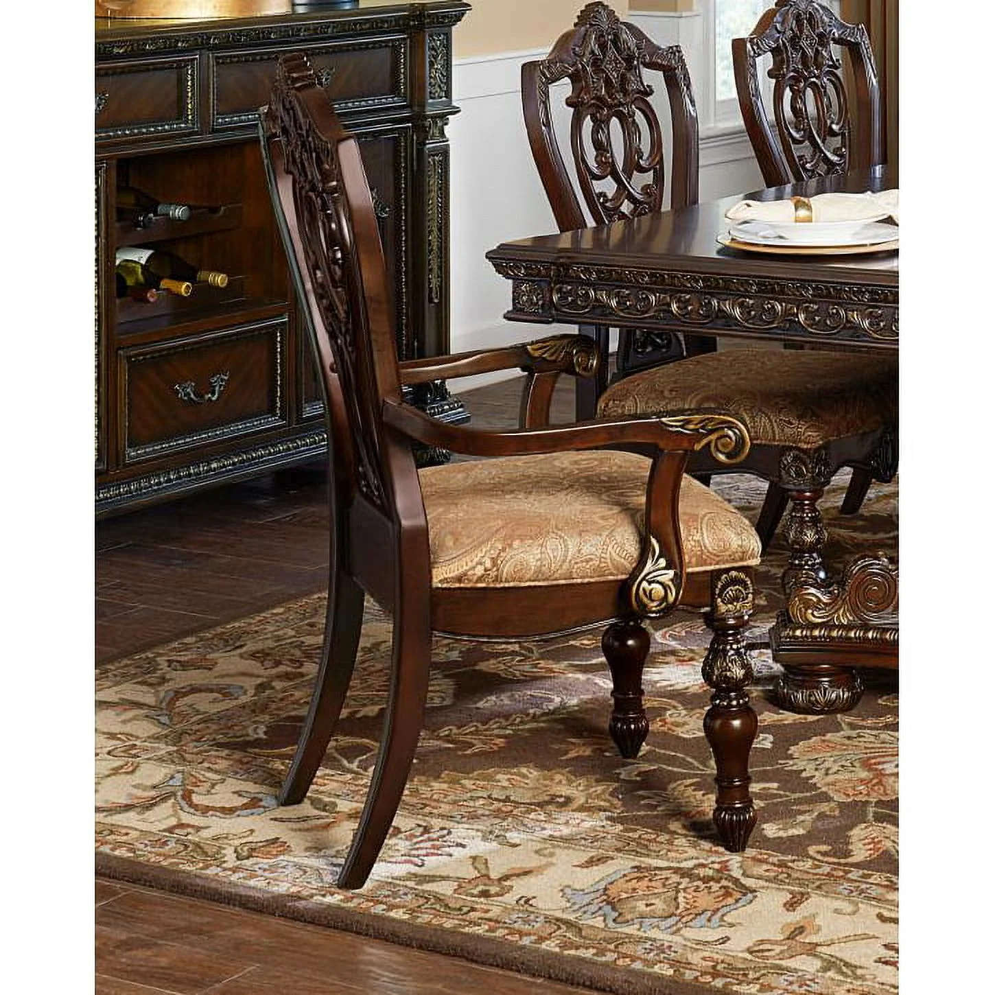 Fabric Upholstered Wooden Arm Chair With Intricate Back - Set of 2 Cherry Brown- Saltoro Sherpi