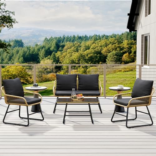 Yaheetech 4 Piece Patio Furniture Set, Outdoor Wicker Conversation Sets, Boho Loveseat & 2 Armchairs with Cushion and Pillow, Glass Top Table for Backyard, Porch, Balcony, Deck - Tan/Cream
