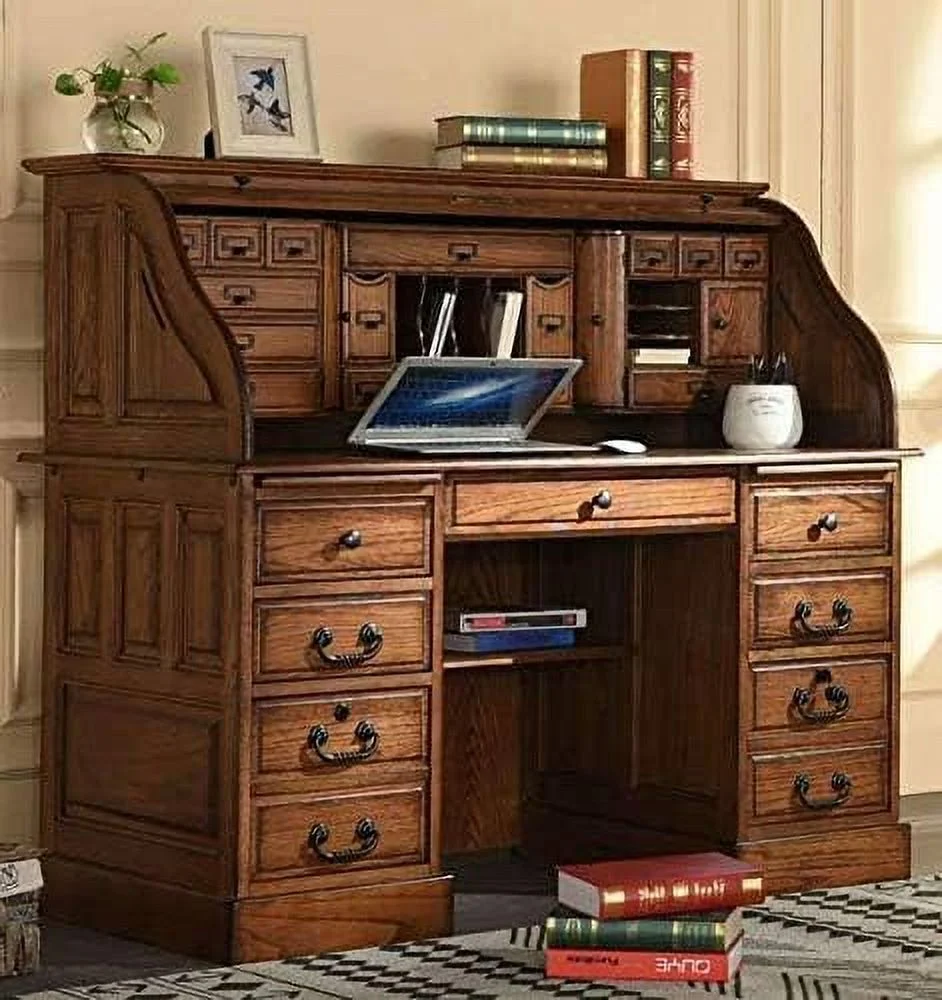 Popular Top Desk Solid Oak Wood - 54 Inch Deluxe Executive Rolltop Desk Burnished Walnut Stain for Home Office Secretary Organizer Roll Hutch Top Easy Assembly Quality Crafted Constructio