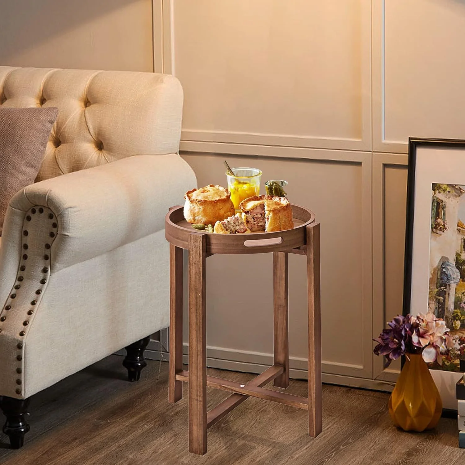 Round Side Tray Table For Living Room & Small Spaces – Wooden Circle Boho Accent End Table Storage For TV s, Magazines, Keys, Etc. (22