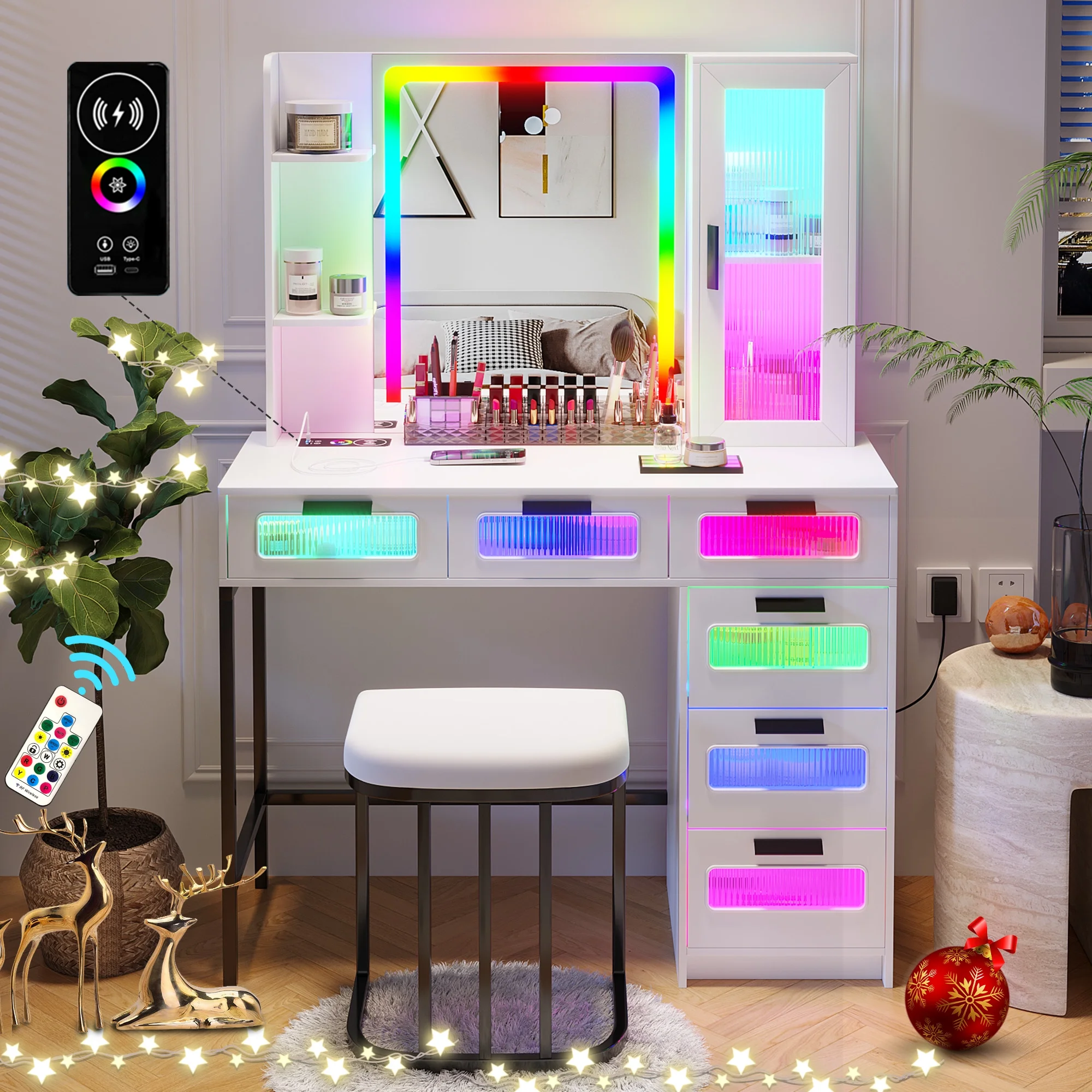 HNEBC RGB White Vanity, Makeup Vanity with Dazzling Lights and 6 Drawers, Makeup Desk with USB/Type-C/Wireless Charging, Dressing Table with Shelves/Cabins/Stool, Vanity Table as Gifts for Girls/Women