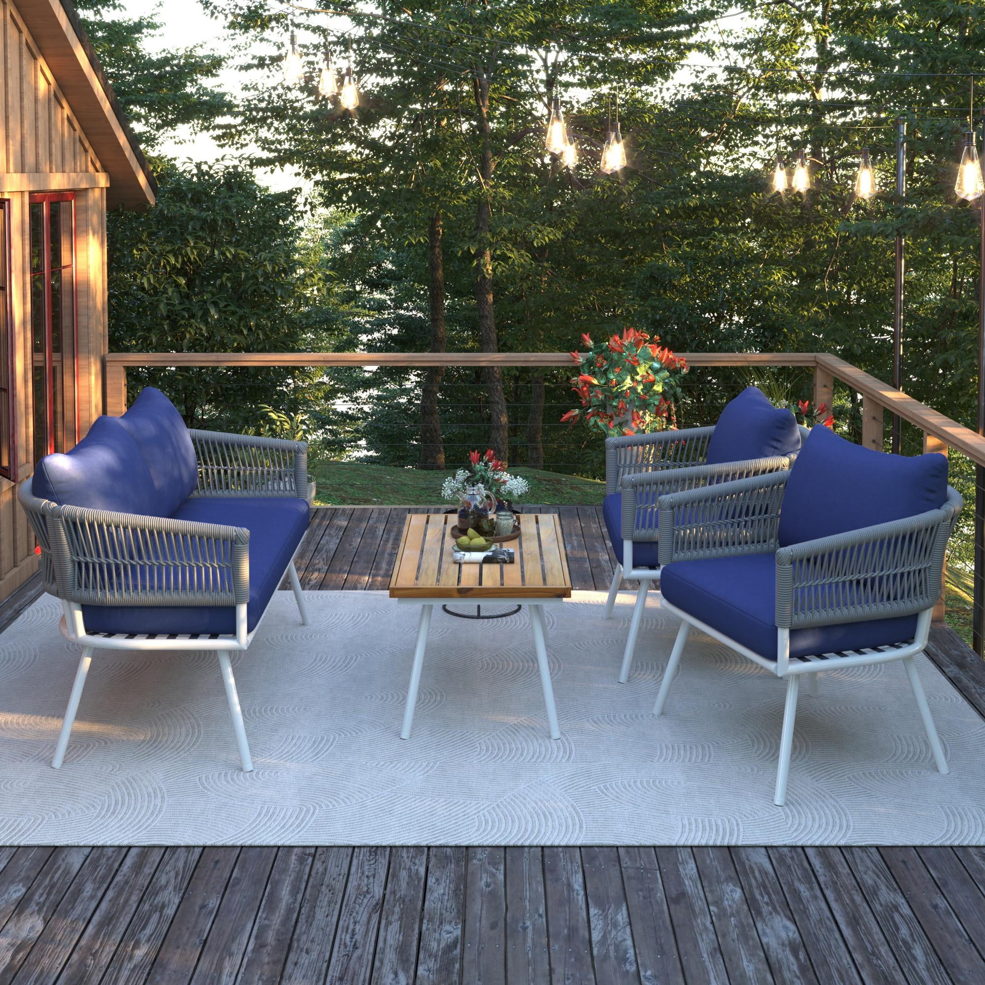 SEGMART 4 Piece Patio Conversation Set, Boho Rope Patio Furniture Set with Acacia Wood Table, All-Weather Outdoor Woven Rope Sofa Set with Thick Cushion for Porch Backyard Balcony, Navy Blue