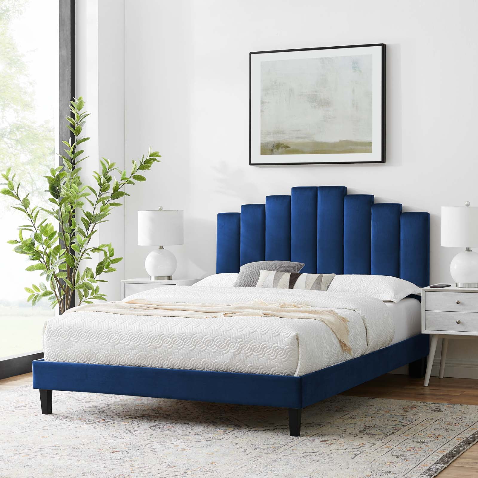 Platform Bed Frame, King Size, Velvet, Blue Navy, Modern Contemporary Urban Design, Bedroom Master Guest Suite