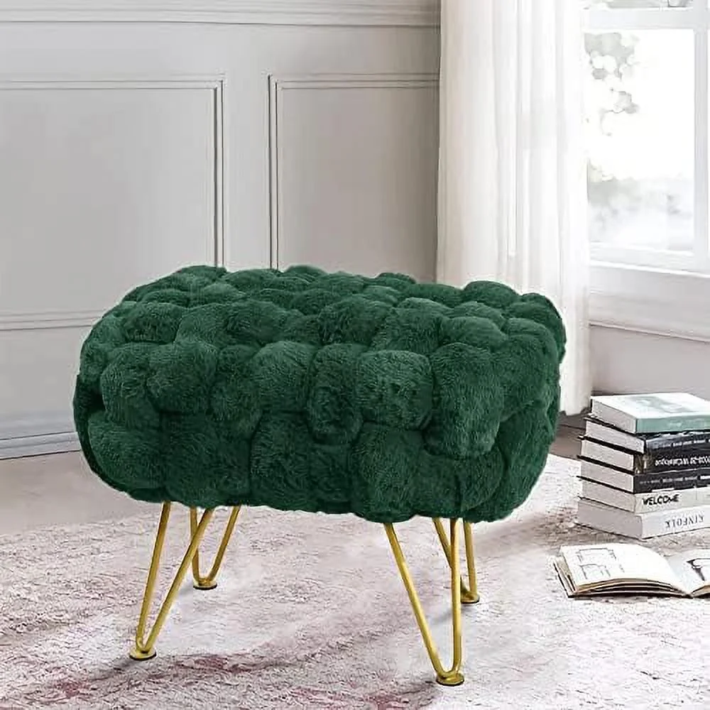 Pink Soft Faux  Ottoman Fuzzy Entryway Bench Seat 27"x20"x19" Sturdy Accent Coffee Table for Living Room Make up Vanity Fluffy Shoe Stool with Golden Legs for Bedroom Closet F