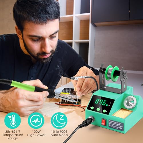 Soldering Station, 100W Digital Display Soldering Iron Station Kit with 2 Helping Hands, 356°F - 896°F, Auto Sleep, °C/°F Conversion, Solder Wire, Tips, Stand, Pump, Tweezers, Tip Cleaner, Green