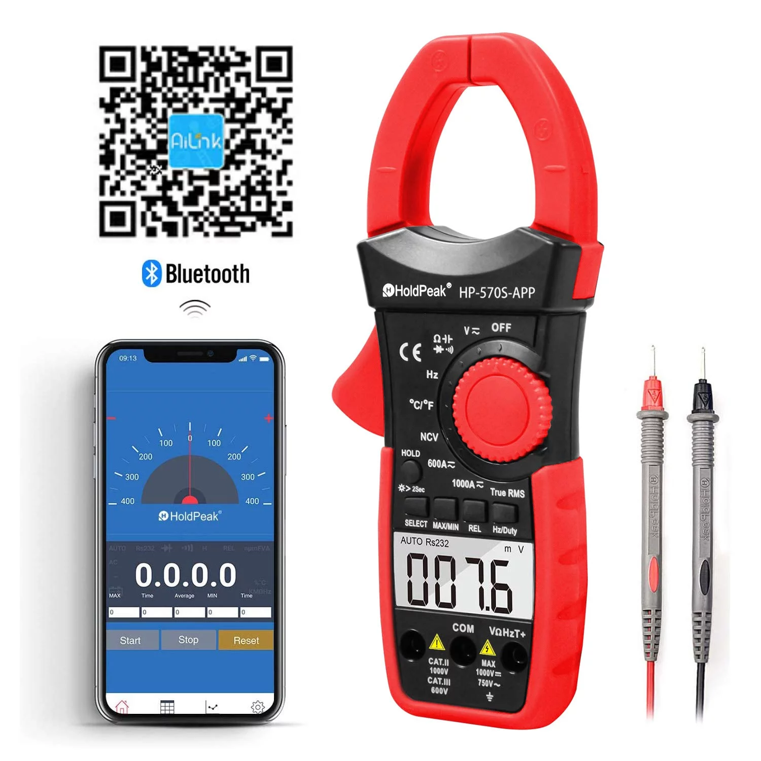 Holdpeak Digital Clamp Meter,Voltmeter with APP Control AC/DC Resistance Capacitance Tester 6000 counts