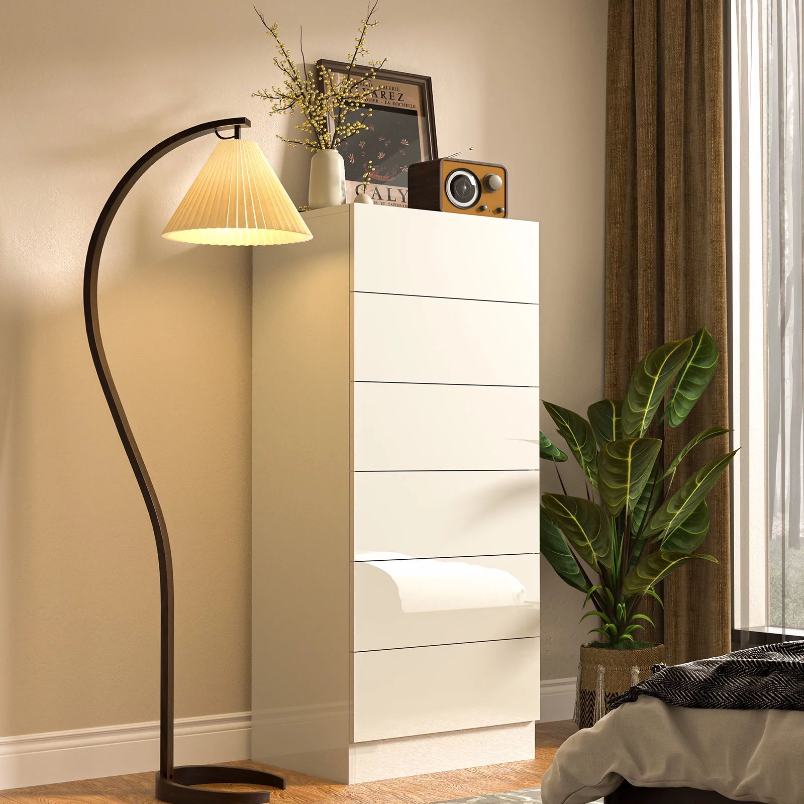 YILQQPER White Dresser 6 Drawer, Tall Storage Tower Wood Dresser, High Gloss Finish