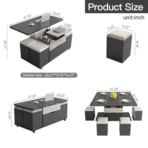 Lift Top Coffee Table with 4 Stools & Hidden Compartment and Storage Shelf, Rising Tabletop Dining Table for Living Room, Farmhouse Extenable Coffee Table,47.24in L,Rustic Brown &Grey