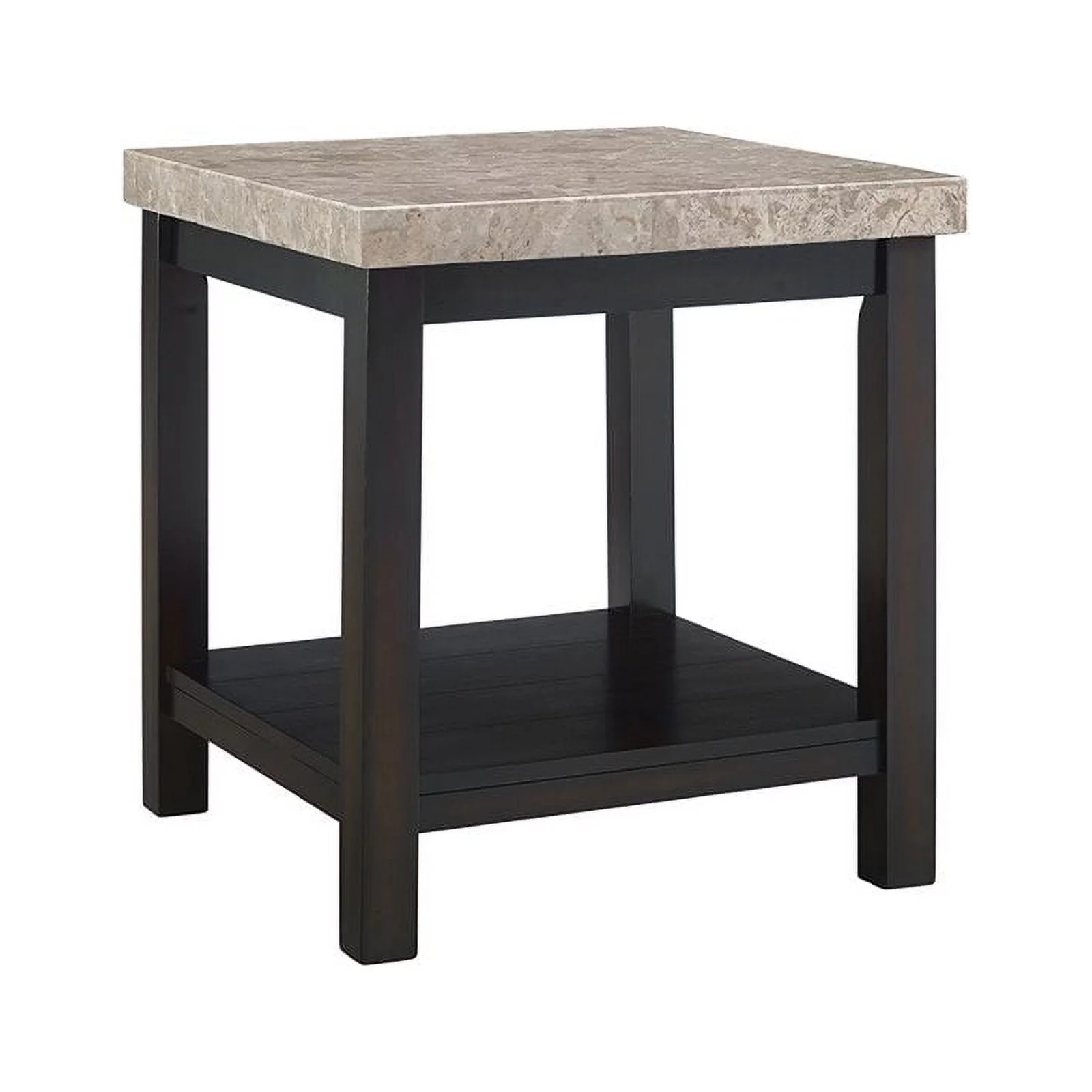 Maklaine Square Wood End Table with Marble Top and Bottom Shelf in Espresso