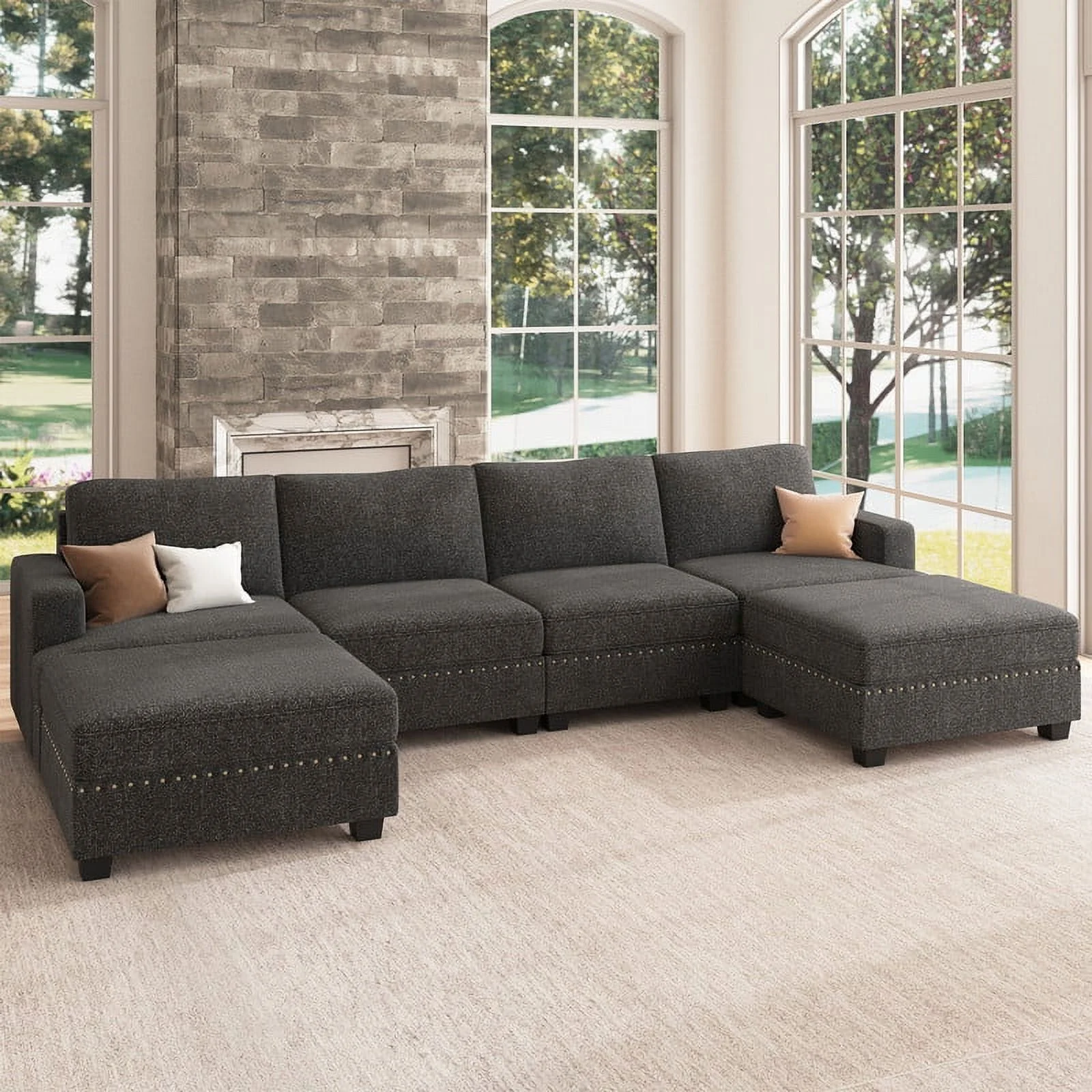 Nolany Modern U Shaped Modular Sectional Sofa with Storage Ottoman for Small Space, Dark Grey