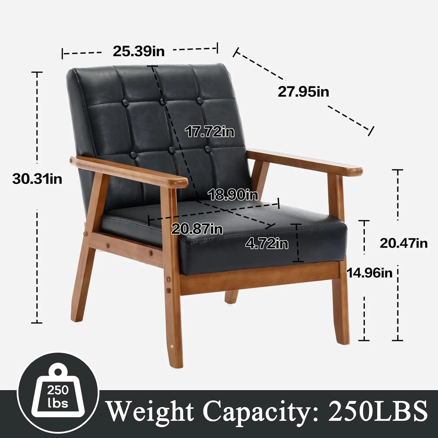 Holaki Mid Century Modern Arm Chair with Wood Frame,Linen Fabric Comfy Reading Chair,Accent Chair for Living Room Bedroom Reading,Easy Assembly,Black PU