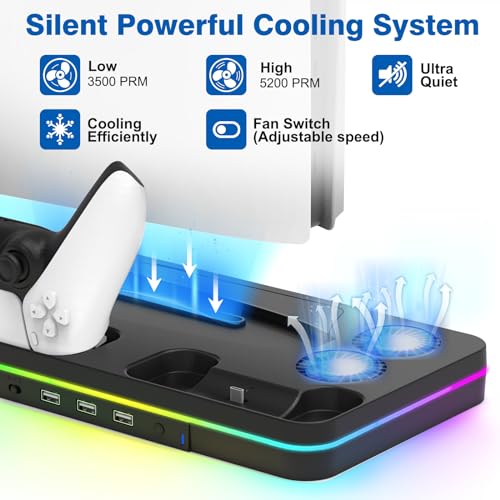 Ps5 Slim Console Cooling Station,Ps5 Slim(Disc & Digital Editions) Stand Accessories with 2 Cooling Fan&2 Controller Charging Station,PlayStation 5 Cooling Stand with RGB Light,Headset Holder,3 USB
