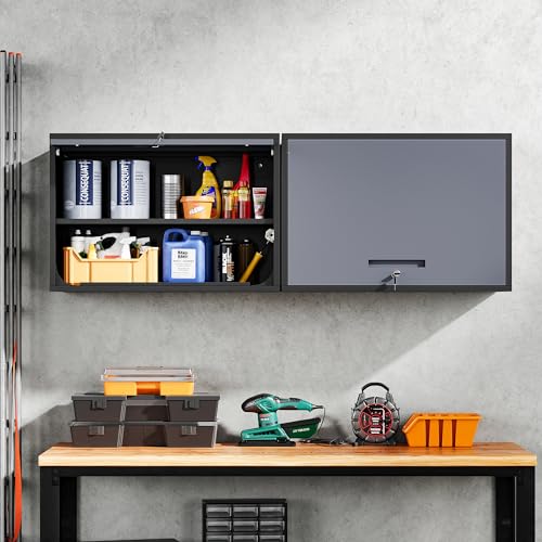 Yizosh Metal Garage Wall Cabinet with Doors and Shelves, Wall Mounted Metal Storage Cabinet, Floating Garage Tool Cabinet for Garage, Basement, Kitchen, Warehouse (Black, 21.6