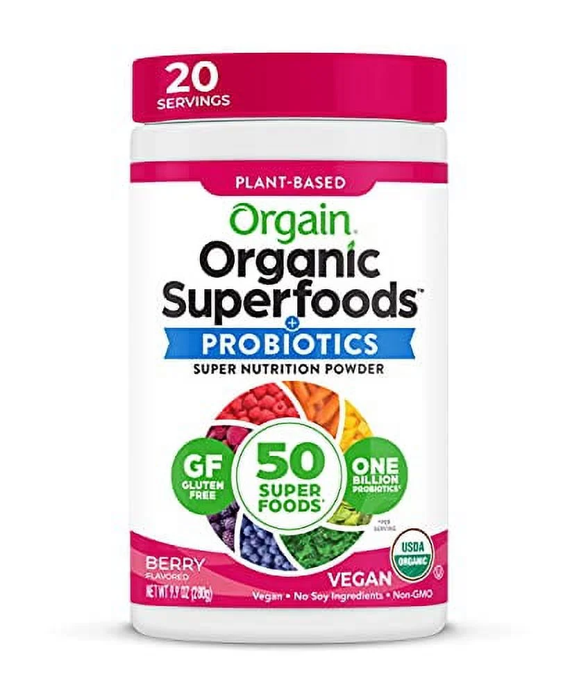 Orgain Organic Green Superfoods Powder, Berry - Antioxidants, 1 Billion Probiotics, Vegan, Dairy Free, Gluten Free, Kosher, Non-GMO, 0.62 Pound (Packaging May Vary)