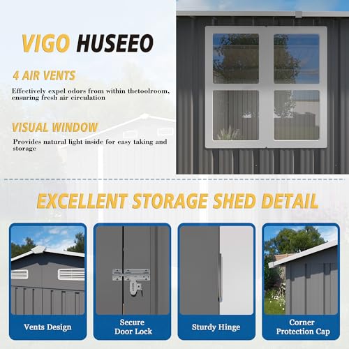 10x12x6.7FT Outdoor Storage Shed, Galvanized Steel Garden Shed with Lockable Door & Window, Waterproof Metal Tool Storage for Garden, Backyard, Patio, Lawn(Grey)