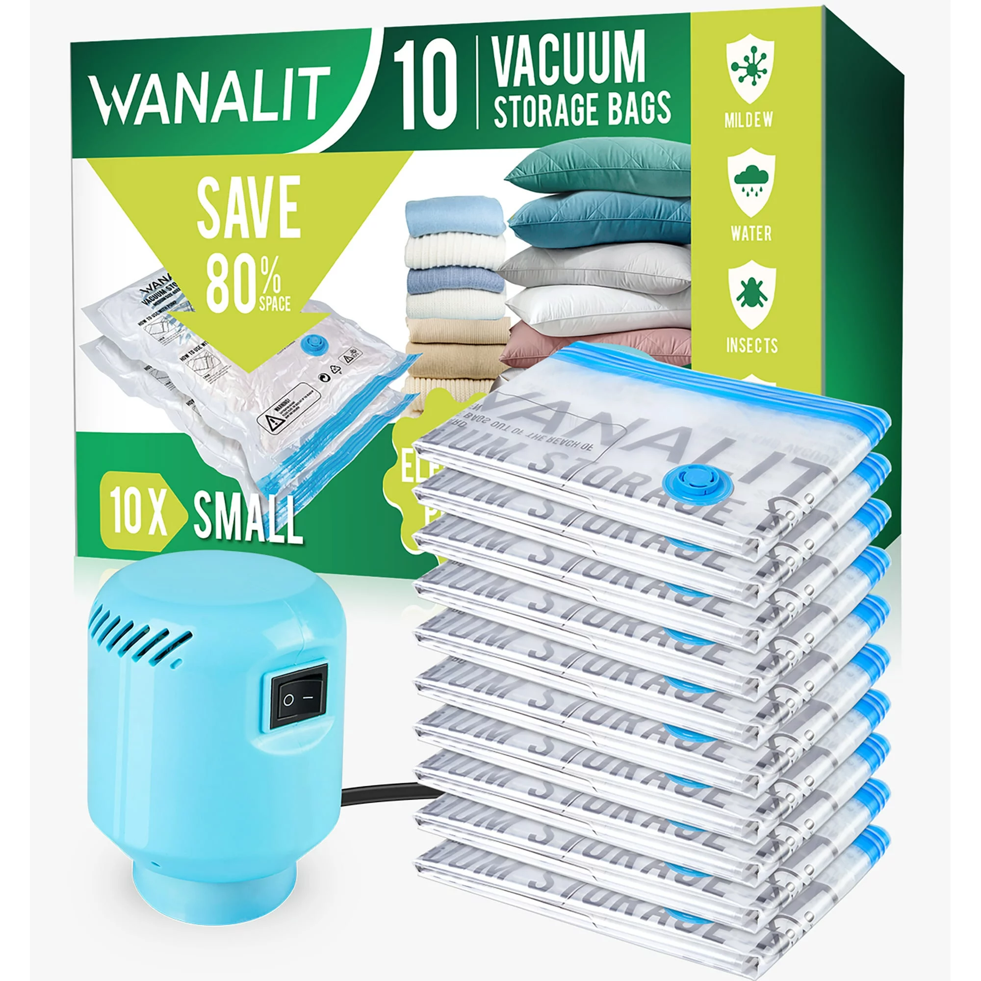 WANALIT 10 Pack Vacuum Storage Bags Small with Electric Air Pump Reusable Compression Space Saving Bags for Clothes Bedding Mattress Blankets Pillows Comforters Travel 24