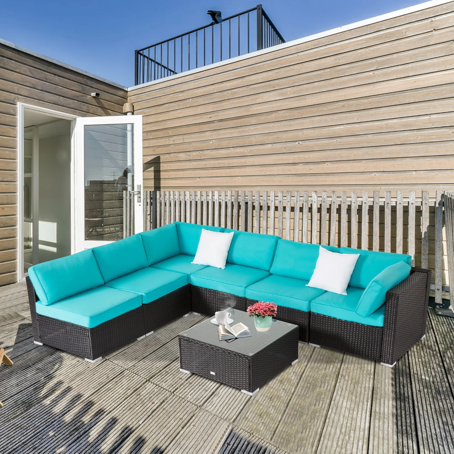 Kinbor 7PCS Patio Furniture Set Outdoor Sectional Sofa Lawn Conversation Sets Wicker Rattan Chair with Cushions, Turquoise
