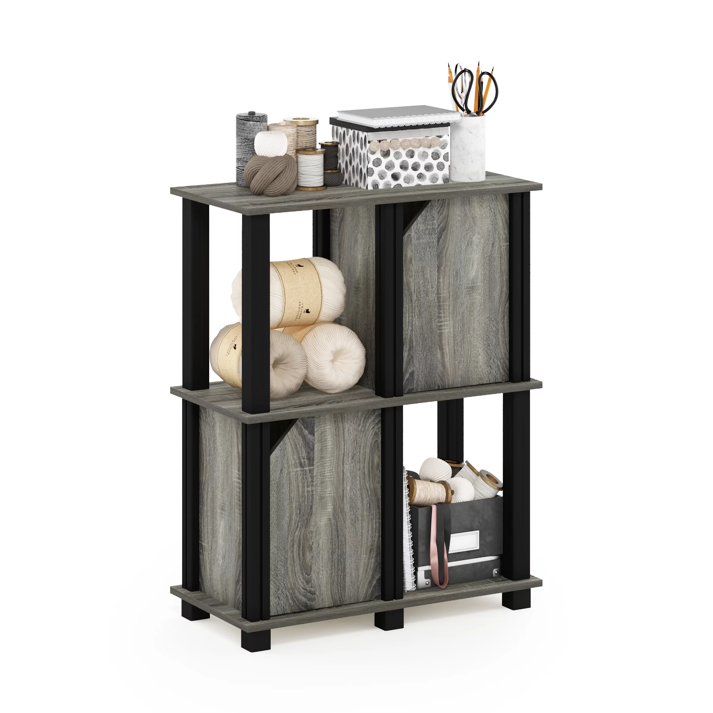 Furinno Brahms 3-Tier Storage Shelf with 2 Doors, French Oak Grey/Black