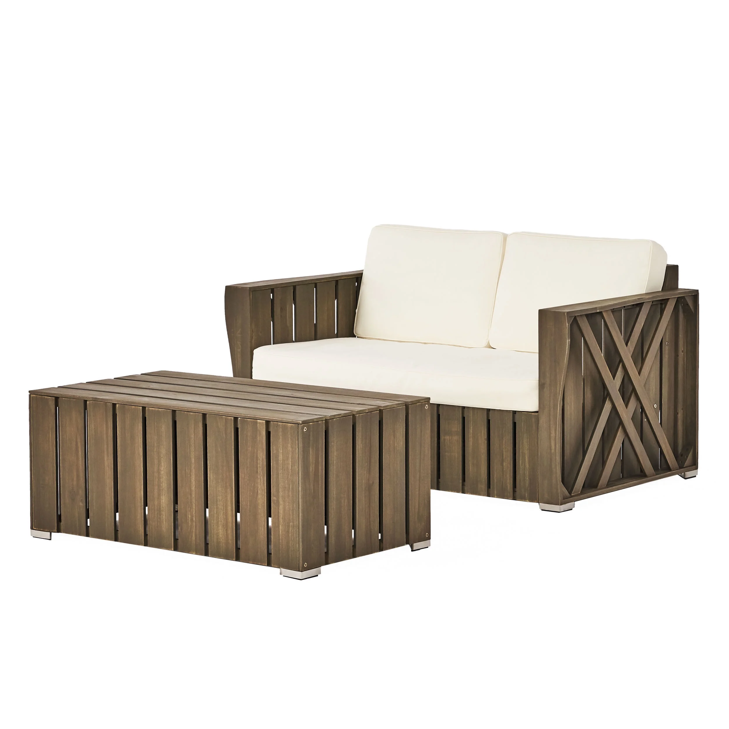 Edward Outdoor Acacia Wood 2 Seater Conversation Set with Cushions, Grey Finish and Cream