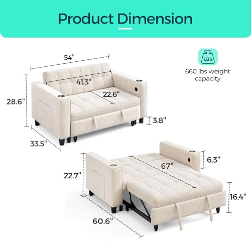 LINSY 3-in-1 Convertible Sofa Bed, 54