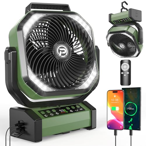 Camping Fan with LED Lantern, 20000mAh Rechargeable Battery Fan, Max 112Hrs Running,8 Speeds, Digital Display,4 Timer,Auto-Oscillating Table Fan with Remote & Hook for Camping, Power Outage, Hurricane