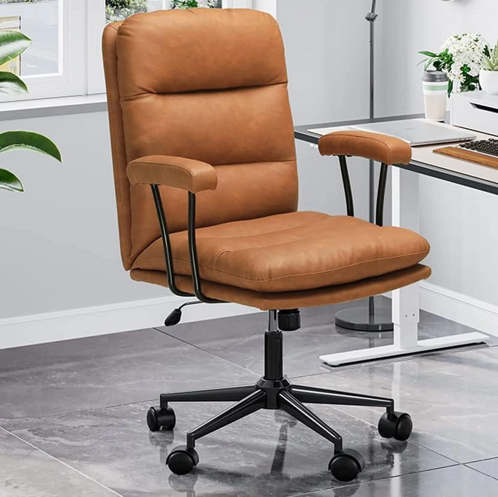 YOJFOTOOU. Leather Office Chair Brown Desk Chair Mid Century Home Office Desk Chair with Arms, Adjustable Back 40°, Capacity 400lbs