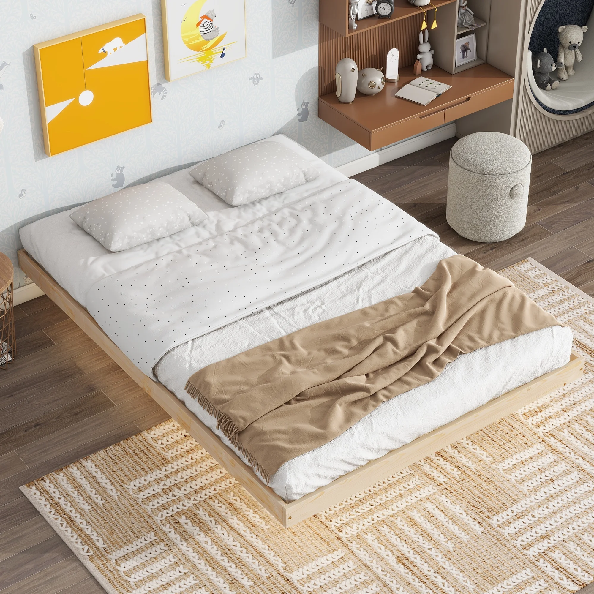 Pouseayar Full Size Floating Bed Frame with LED Lights, Low Profile Platform Bed, Natural