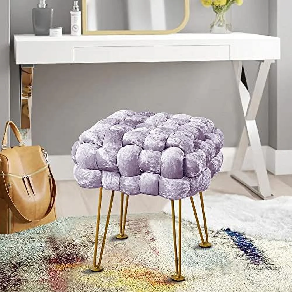 Retro Green Soft Upholstered Ottoman Entryway Bench Seat 16"x16"x16" Sturdy Accent Coffee Table for Living Room Make Up Vanity Fluffy Shoe Stool with Golden Legs for Bedroom C