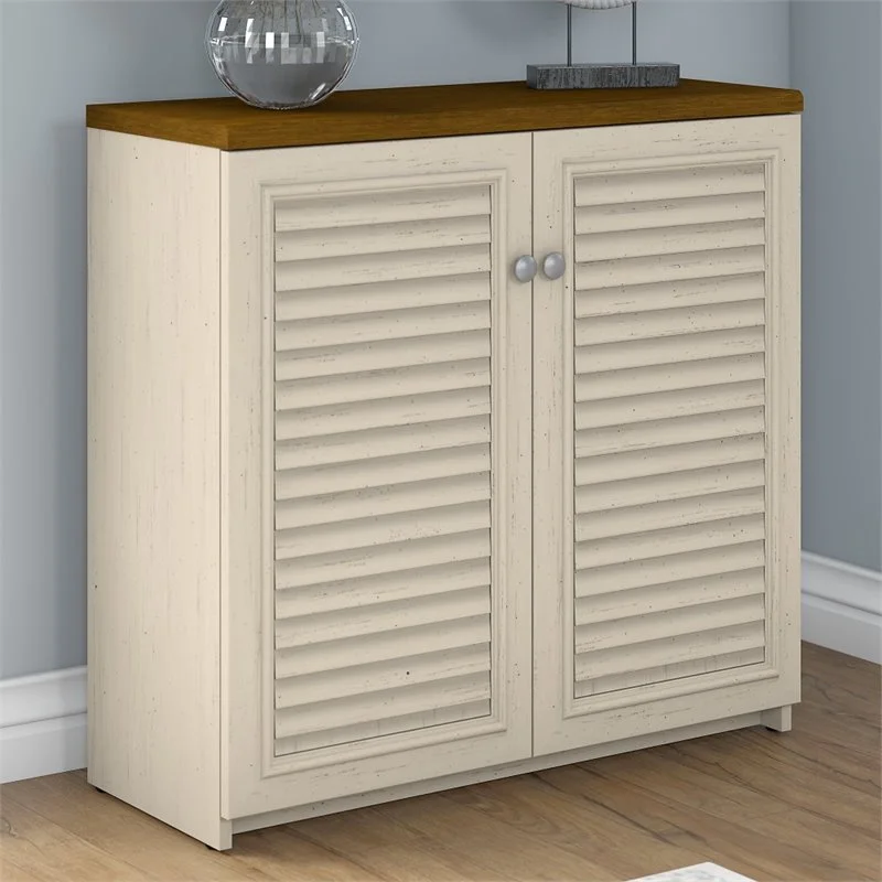 Pemberly Row Small Storage Cabinet with Doors in Antique White - Engineered Wood