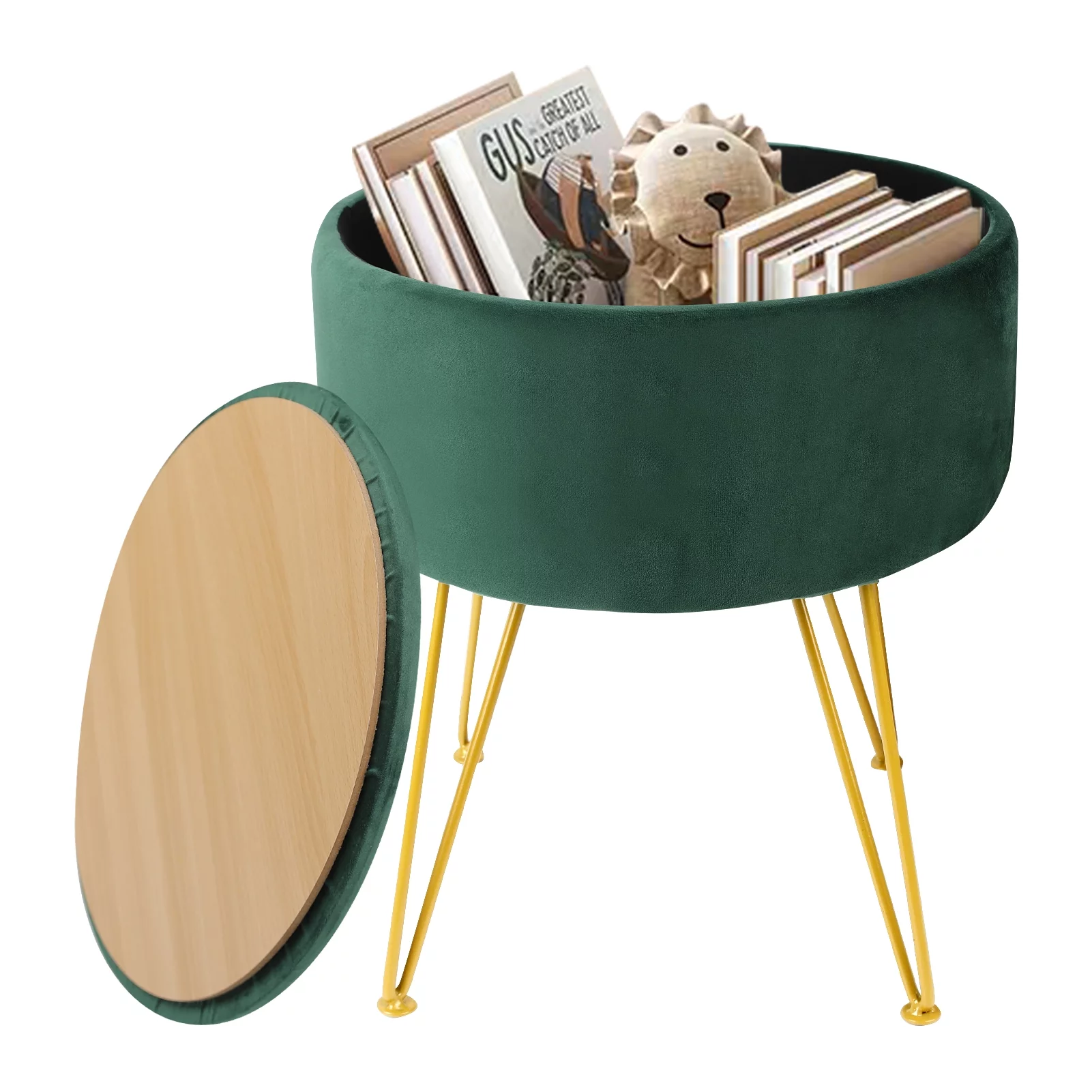 Hofitlead Velvet Round Storage Ottoman with Removable Lid - 13