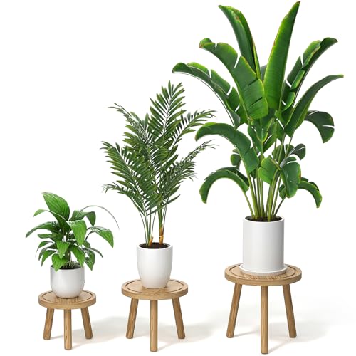 3-Pack Wood Plant Stands Indoor, Single Plant Stand for 6-12 Inch Pots, Mid-Century Modern Plant Stool, Tall Plant Stand for Large Plants for Living Room, Balcony, Office (Light Brown