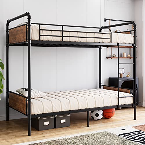 IDEALHOUSE Metal Bunk Bed Twin Over Twin, Twin Bunk Beds, Heavy Duty Twin Size Metal Bunk Bed with High Guardrail & Ladders, Convertible Bunk Beds for Kids Adults, No Box Spring Needed