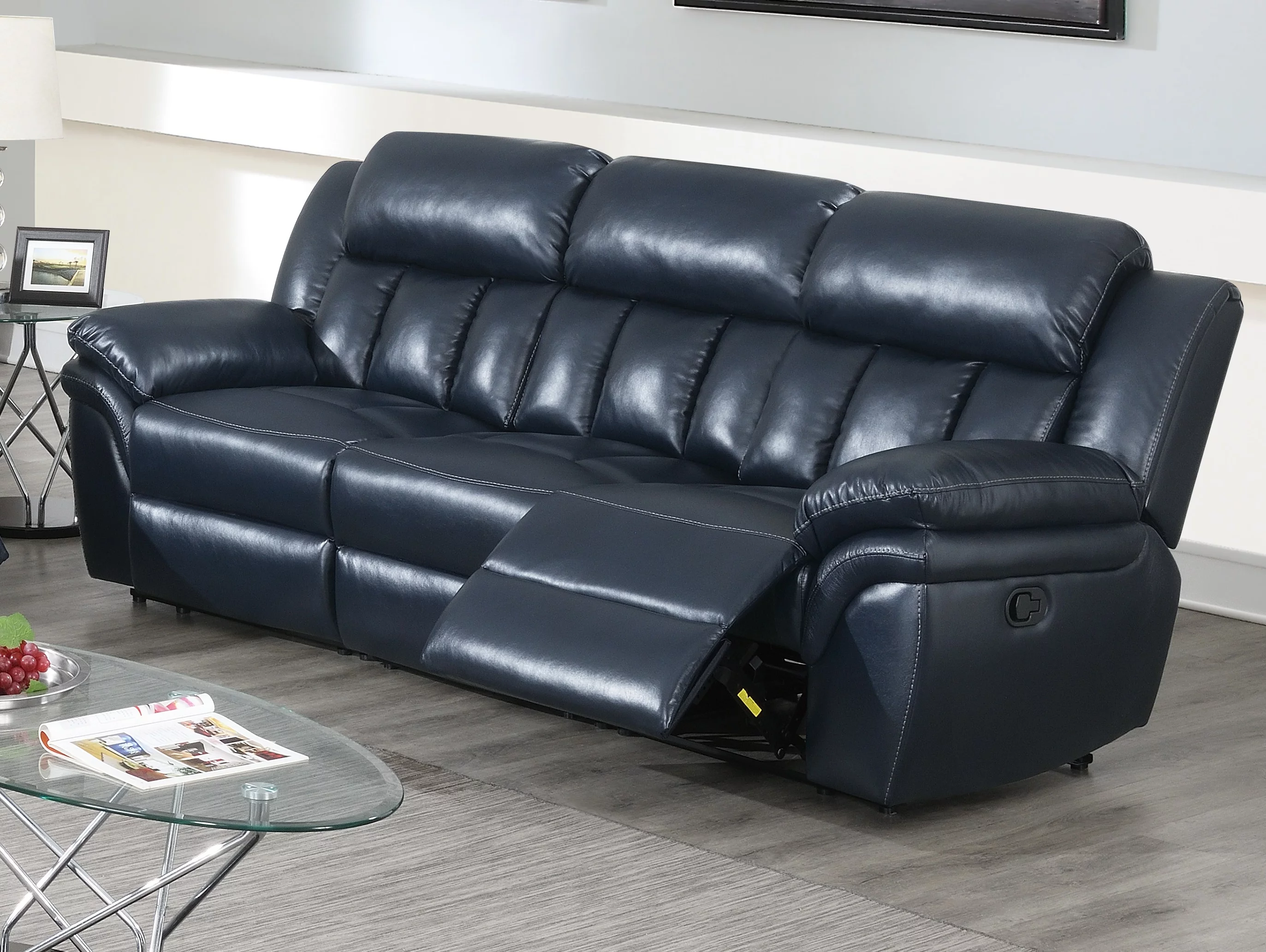 Contemporary Navy Blue Living Room Reclining Sofa set 2pcs Sofa Loveseat w Console Plush Padded Headrest Armrest