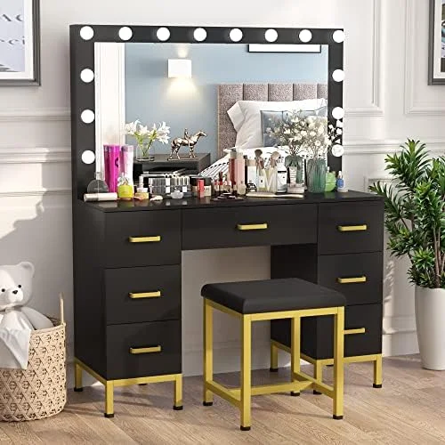 RUNFAYBIU Vanity Set with Lighted Mirror  44''  Vanity Dressing Table with 14PCS LED Bulbs  Vanity Desk with Cushioned Stool & 7 Drawers for Bedroom(Black&Retro Brown)