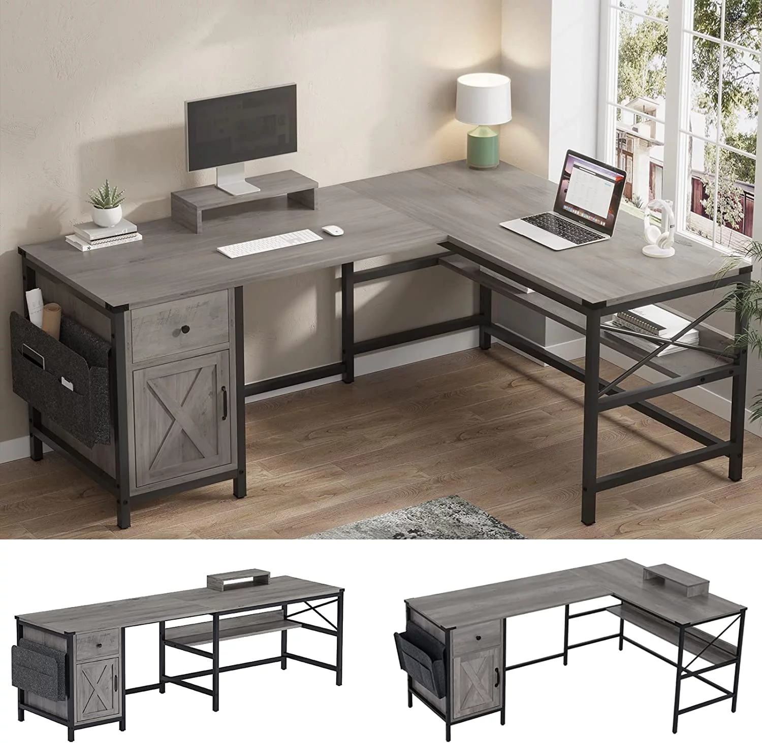 Elrhdgi Office Desk with Drawer and Storage Cabinet,L Shaped Office Desk Computer Desk with Power Strip and Monitor Stand,Grey