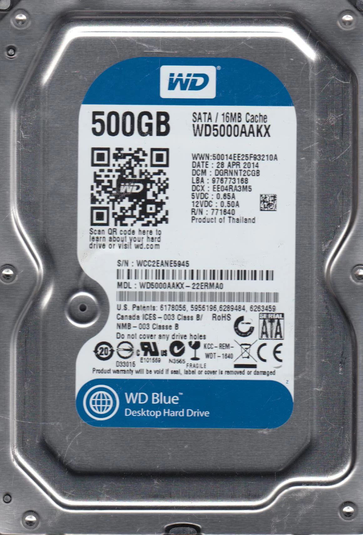 WD5000AAKX-22ERMA0, DCM DGRNNT2CGB, Western Digital 500GB SATA 3.5 Hard Drive