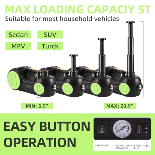 ROGTZ Upgraded Electric Hydraulic Car Jack Kit 5 Ton 12V Portable Lift Range 20.9 Inch with Impact Wrench and Tire Inflator Pump for SUV Sedan Truck Repair Floor Jack for Tire Change with LED Light