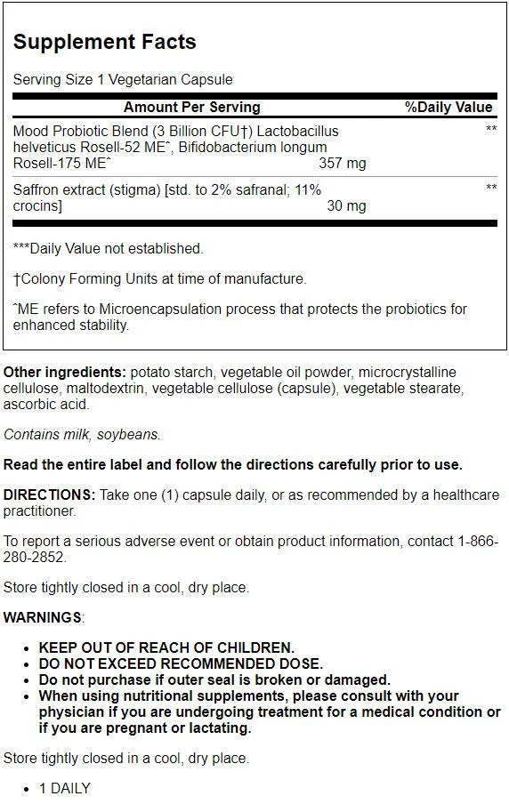 Life Extension FLORASSIST® Mood Improve - Probiotic & Saffron Blend Enhances Mood & Mental Outlook - Gluten-Free, Non-GMO - 30 Vegetarian Capsules